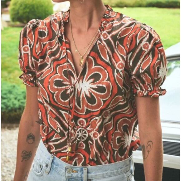 ~Rare The Odells Med Boho Top Vneck Tie Ruffle Short Balloon Sleeve Brown Rust - Picture 11 of 16